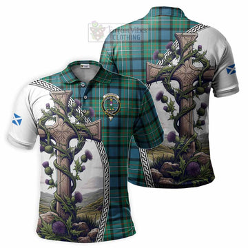 Ferguson (Fergusson) Tartan Polo Shirt with Family Crest and St. Andrew's Cross Accented by Thistle Vines