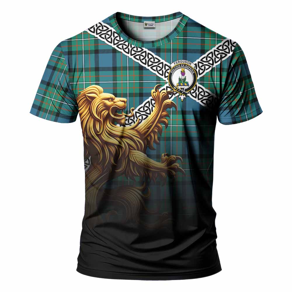 Tartan Vibes Clothing Ferguson (Fergusson) Crest Tartan T-Shirt with Golden Lion Emblem Celtic Style