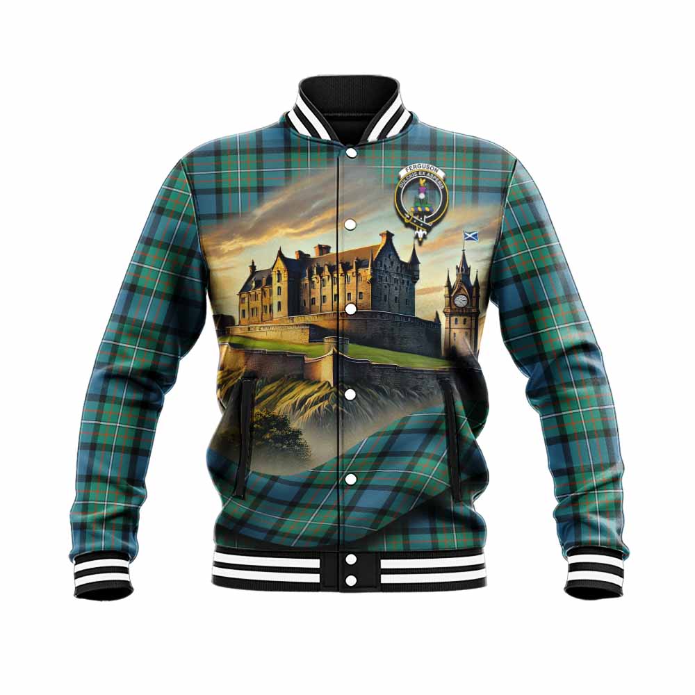 Tartan Vibes Clothing Ferguson (Fergusson) Tartan Family Crest Baseball Jacket with Scottish Ancient Castle Style