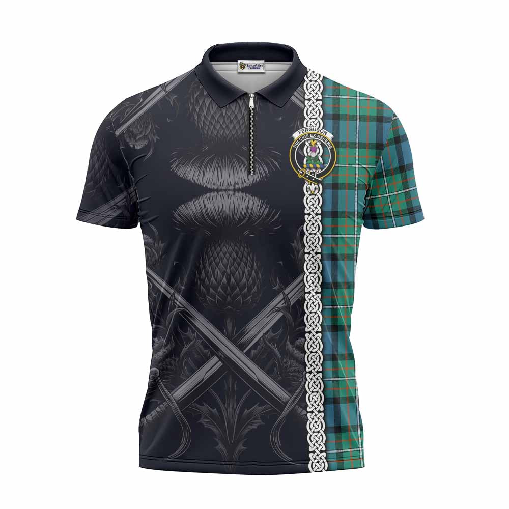 Tartan Vibes Clothing Ferguson (Fergusson) Tartan Zipper Polo Shirt with Family Crest Cross Sword Thistle Celtic Vibes
