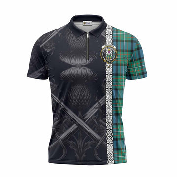 Tartan Vibes Clothing Ferguson (Fergusson) Tartan Zipper Polo Shirt with Family Crest Cross Sword Thistle Celtic Vibes