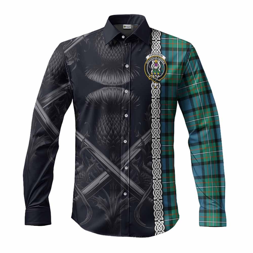 Tartan Vibes Clothing Ferguson (Fergusson) Tartan Long Sleeve Button Shirt with Family Crest Cross Sword Thistle Celtic Vibes