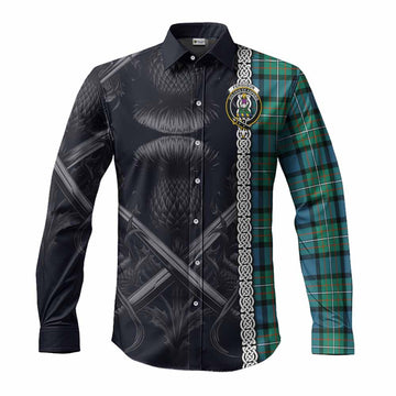 Ferguson (Fergusson) Tartan Long Sleeve Button Shirt with Family Crest Cross Sword Thistle Celtic Vibes