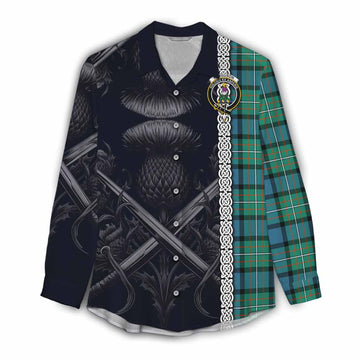 Tartan Vibes Clothing Ferguson (Fergusson) Tartan Women's Casual Shirt with Family Crest Cross Sword Thistle Celtic Vibes
