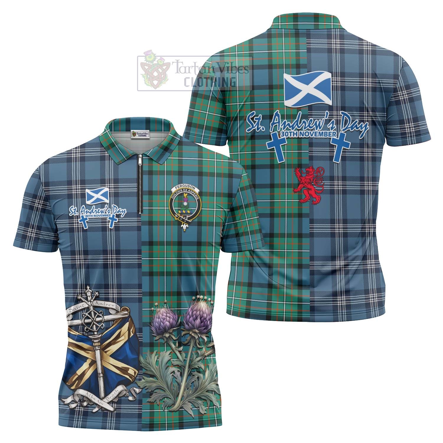 Tartan Vibes Clothing Ferguson (Fergusson) Tartan Zipper Polo Shirt Happy St. Andrew's Day Half Tartan Style