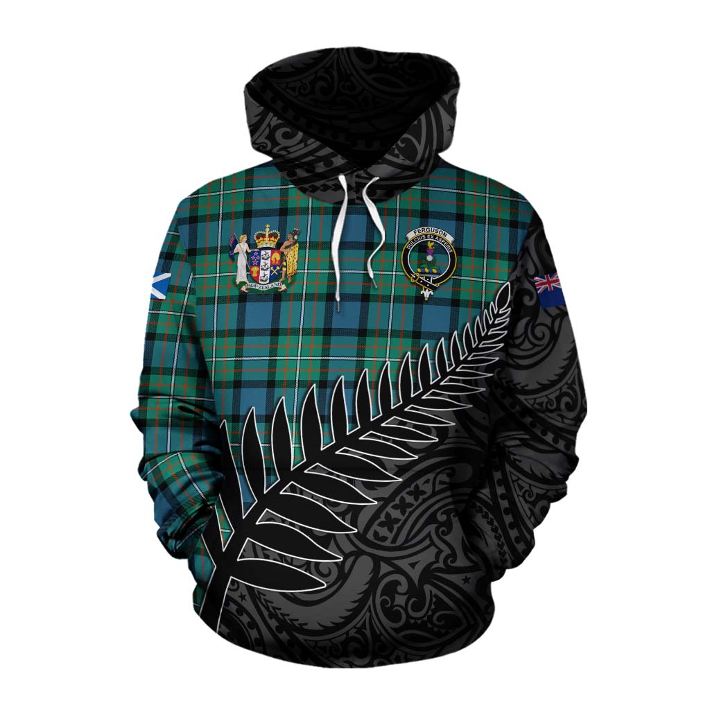 Tartan Vibes Clothing Ferguson (Fergusson) Crest Tartan Cotton Hoodie with New Zealand Silver Fern Half Style