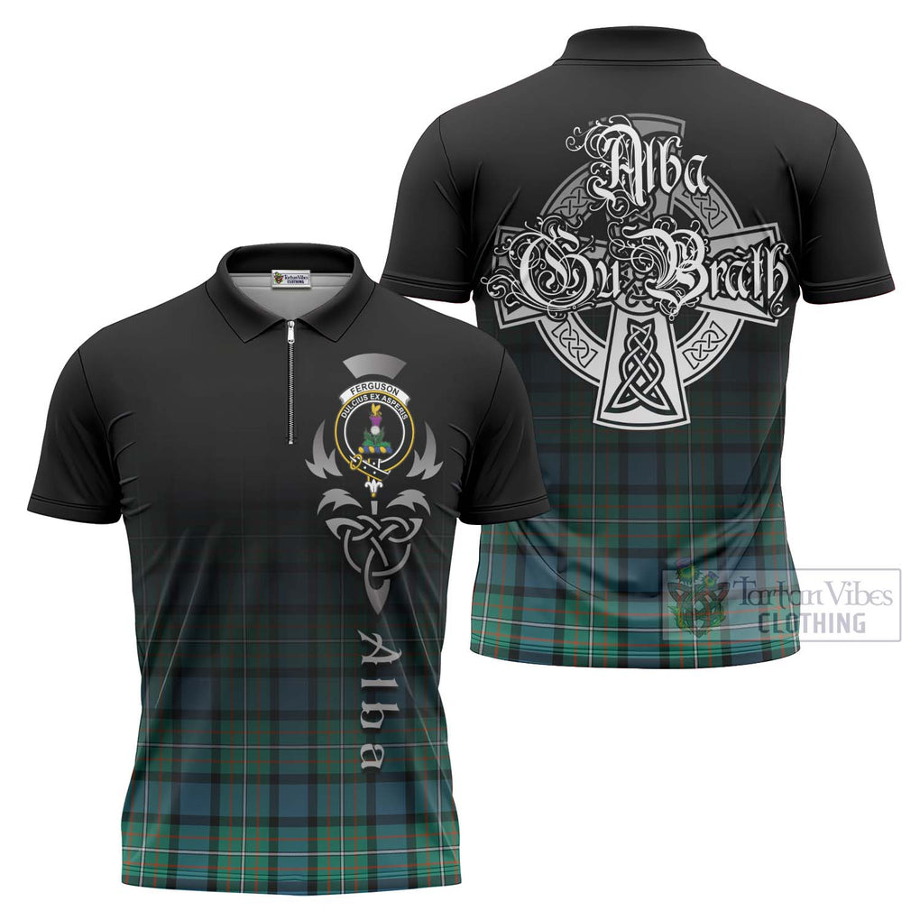 Tartan Vibes Clothing Ferguson (Fergusson) Tartan Zipper Polo Shirt Featuring Alba Gu Brath Family Crest Celtic Inspired