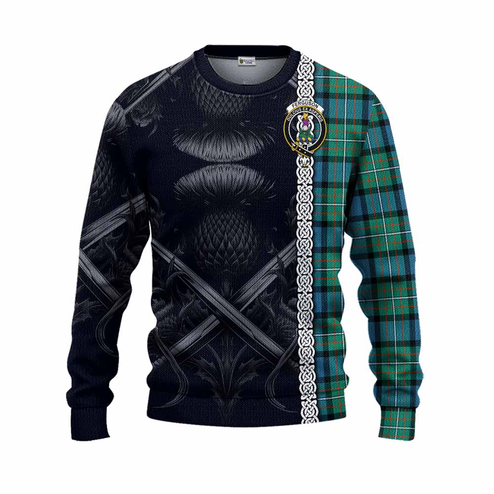 Tartan Vibes Clothing Ferguson (Fergusson) Tartan Knitted Sweater with Family Crest Cross Sword Thistle Celtic Vibes