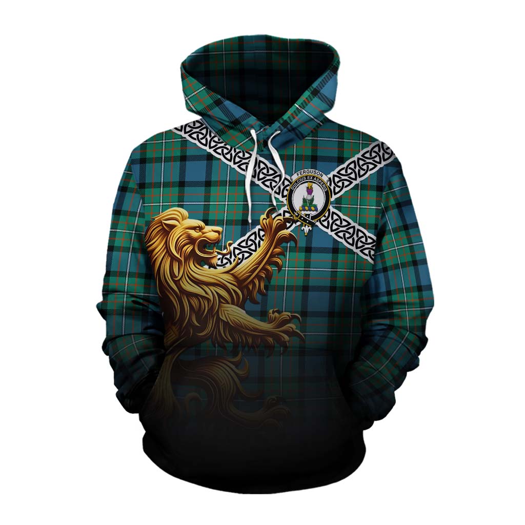 Tartan Vibes Clothing Ferguson (Fergusson) Crest Tartan Cotton Hoodie with Golden Lion Emblem Celtic Style