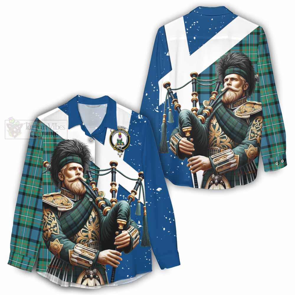 Tartan Vibes Clothing Ferguson (Fergusson) Tartan Women's Casual Shirt with Family Crest Scottish Bagpiper Vibes