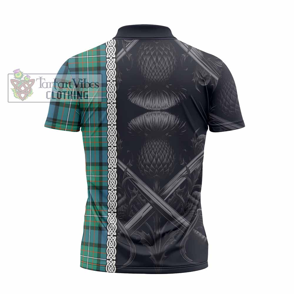 Tartan Vibes Clothing Ferguson (Fergusson) Tartan Zipper Polo Shirt with Family Crest Cross Sword Thistle Celtic Vibes