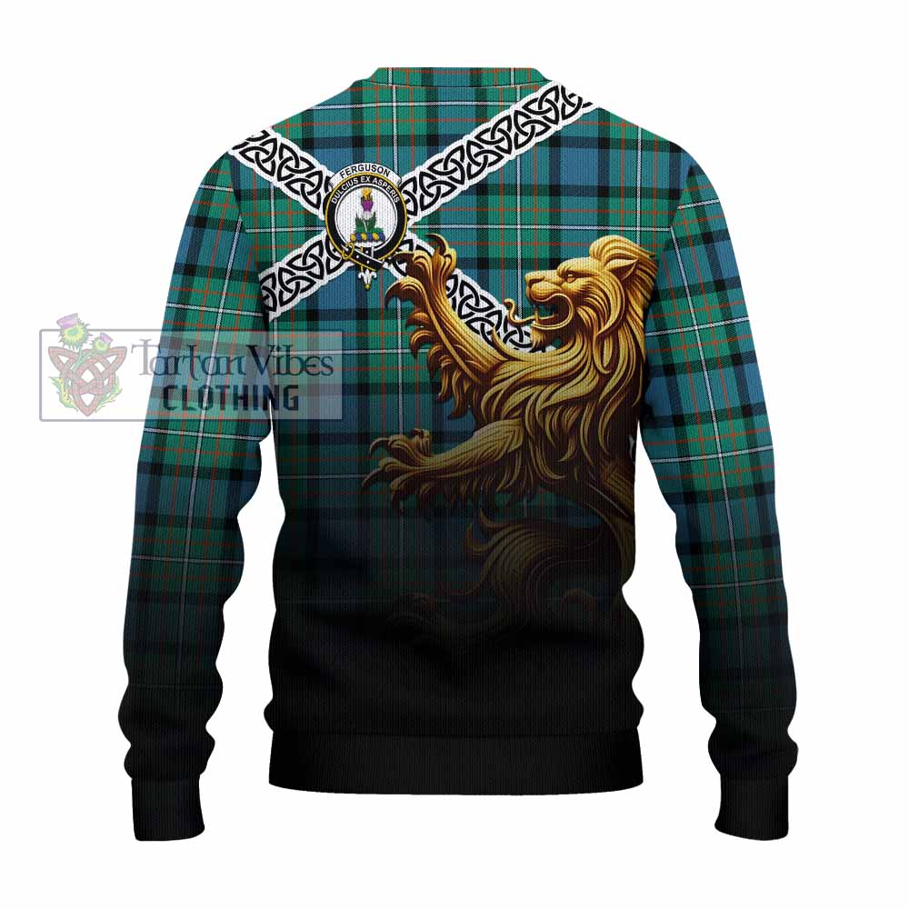 Tartan Vibes Clothing Ferguson (Fergusson) Crest Tartan Knitted Sweater with Golden Lion Emblem Celtic Style