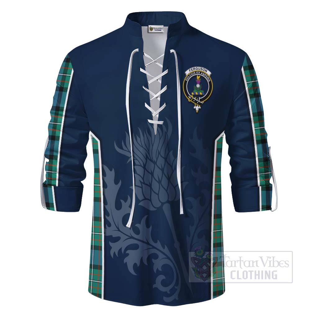 Tartan Vibes Clothing Ferguson (Fergusson) Tartan Ghillie Kilt Shirt with Family Crest and Scottish Thistle Vibes Sport Style