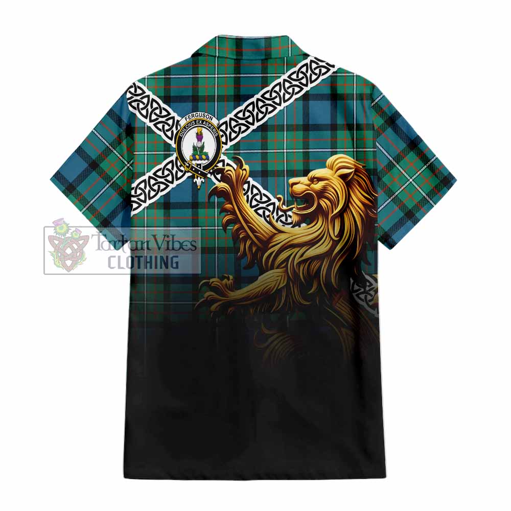 Tartan Vibes Clothing Ferguson (Fergusson) Crest Tartan Short Sleeve Button Shirt with Golden Lion Emblem Celtic Style