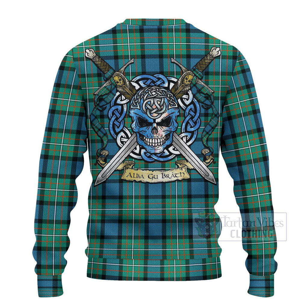 Tartan Vibes Clothing Ferguson (Fergusson) Tartan Knitted Sweater with Family Crest Celtic Skull Style