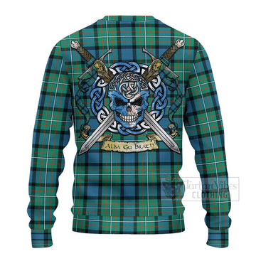 Tartan Vibes Clothing Ferguson (Fergusson) Tartan Knitted Sweater with Family Crest Celtic Skull Style