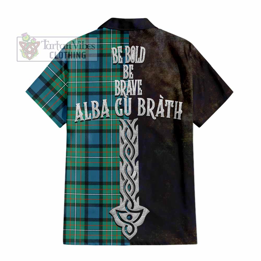 Tartan Vibes Clothing Ferguson (Fergusson) Tartan Family Crest Short Sleeve Button Shirt Alba Gu Brath Be Brave Lion Ancient Style