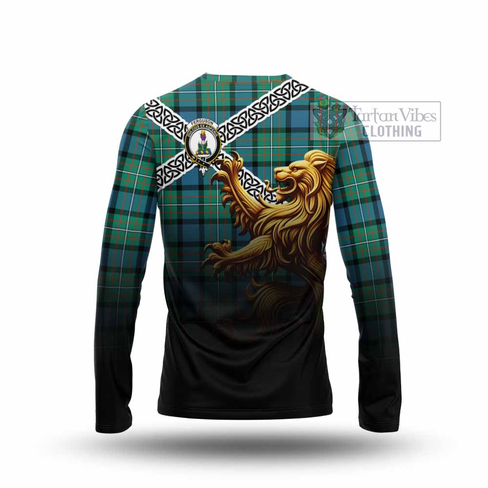 Tartan Vibes Clothing Ferguson (Fergusson) Crest Tartan Long Sleeve T-Shirt with Golden Lion Emblem Celtic Style