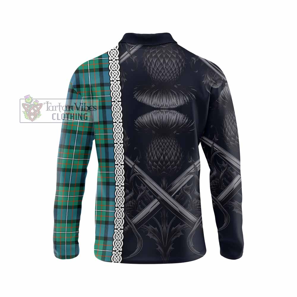 Tartan Vibes Clothing Ferguson (Fergusson) Tartan Long Sleeve Polo Shirt with Family Crest Cross Sword Thistle Celtic Vibes