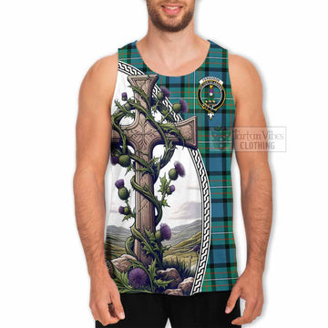 Tartan Vibes Clothing Ferguson (Fergusson) Tartan Men's Tank Top with Family Crest and St. Andrew's Cross Accented by Thistle Vines