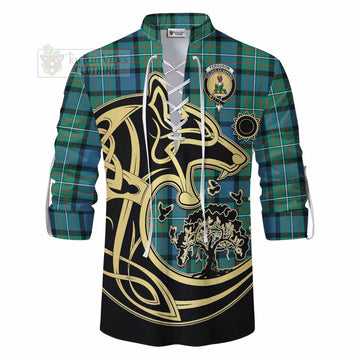 Tartan Vibes Clothing Ferguson (Fergusson) Tartan Ghillie Kilt Shirt with Family Crest Celtic Wolf Style