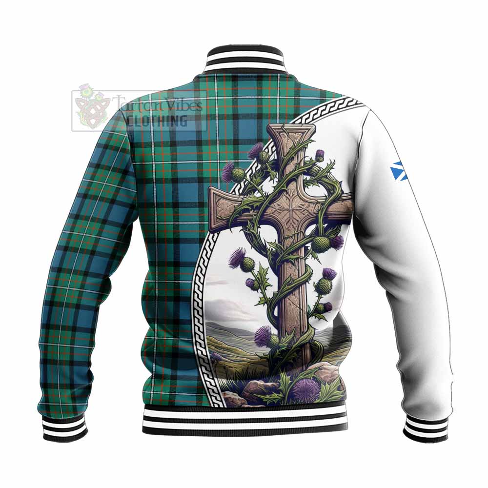 Tartan Vibes Clothing Ferguson (Fergusson) Tartan Baseball Jacket with Family Crest and St. Andrew's Cross Accented by Thistle Vines