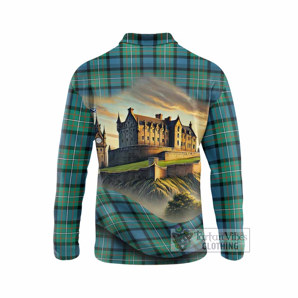Tartan Vibes Clothing Ferguson (Fergusson) Tartan Family Crest Long Sleeve Polo Shirt with Scottish Ancient Castle Style