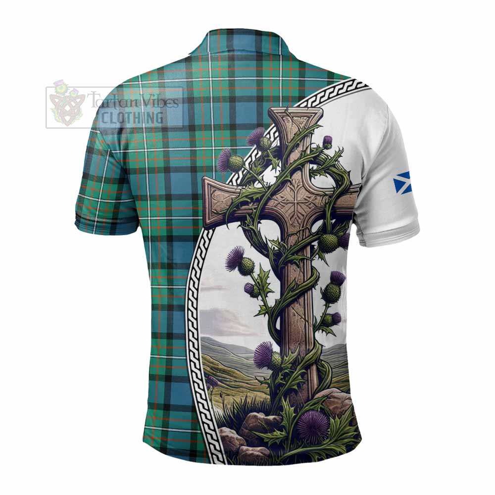 Tartan Vibes Clothing Ferguson (Fergusson) Tartan Polo Shirt with Family Crest and St. Andrew's Cross Accented by Thistle Vines