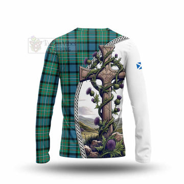 Tartan Vibes Clothing Ferguson (Fergusson) Tartan Long Sleeve T-Shirt with Family Crest and St. Andrew's Cross Accented by Thistle Vines