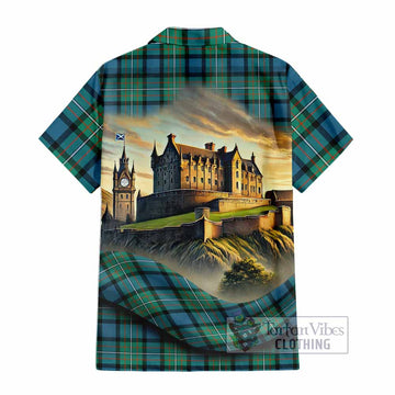 Tartan Vibes Clothing Ferguson (Fergusson) Tartan Family Crest Short Sleeve Button Shirt with Scottish Ancient Castle Style