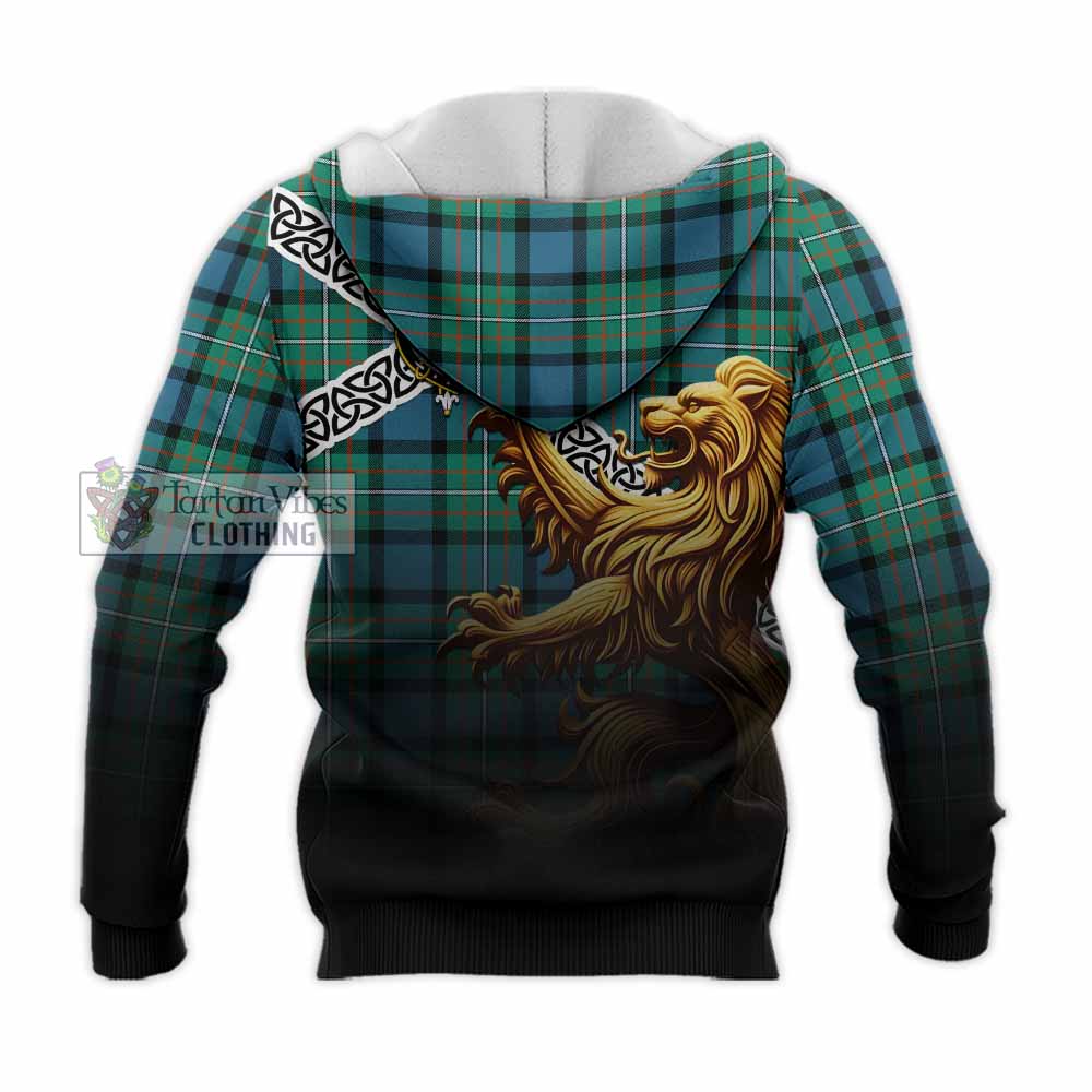 Tartan Vibes Clothing Ferguson (Fergusson) Crest Tartan Knitted Hoodie with Golden Lion Emblem Celtic Style