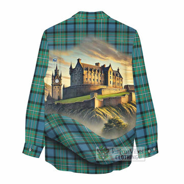 Tartan Vibes Clothing Ferguson (Fergusson) Tartan Family Crest Women's Casual Shirt with Scottish Ancient Castle Style