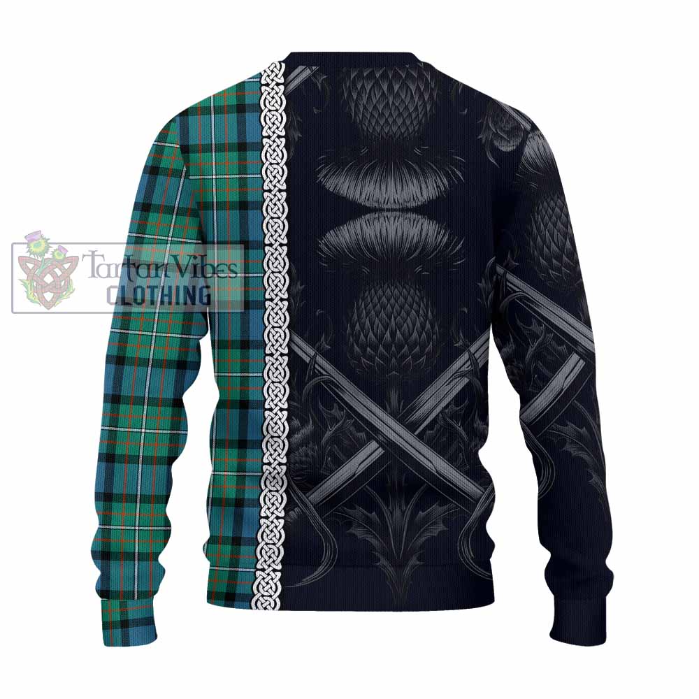 Tartan Vibes Clothing Ferguson (Fergusson) Tartan Knitted Sweater with Family Crest Cross Sword Thistle Celtic Vibes