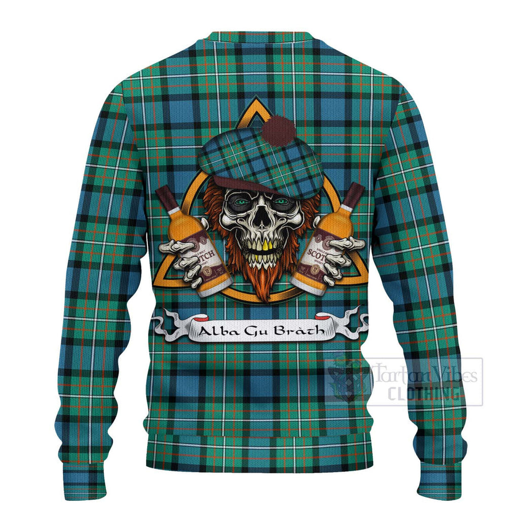 Tartan Vibes Clothing Ferguson (Fergusson) Tartan Knitted Sweater with Family Crest and Bearded Skull Holding Bottles of Whiskey