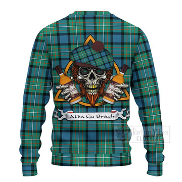 Tartan Vibes Clothing Ferguson (Fergusson) Tartan Knitted Sweater with Family Crest and Bearded Skull Holding Bottles of Whiskey