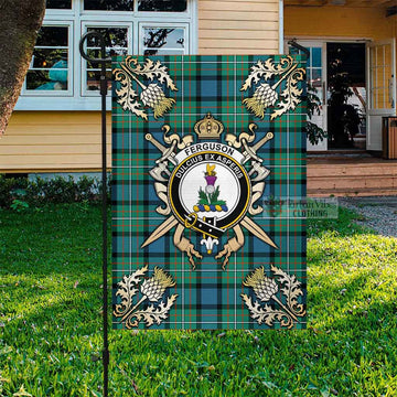 Ferguson (Fergusson) Tartan Garden Flag with Family Crest and Golden Thistle Crossed Sword Design