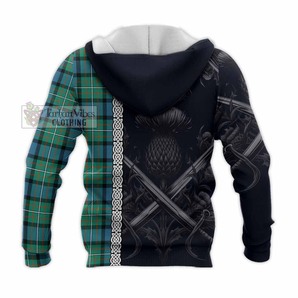 Tartan Vibes Clothing Ferguson (Fergusson) Tartan Knitted Hoodie with Family Crest Cross Sword Thistle Celtic Vibes