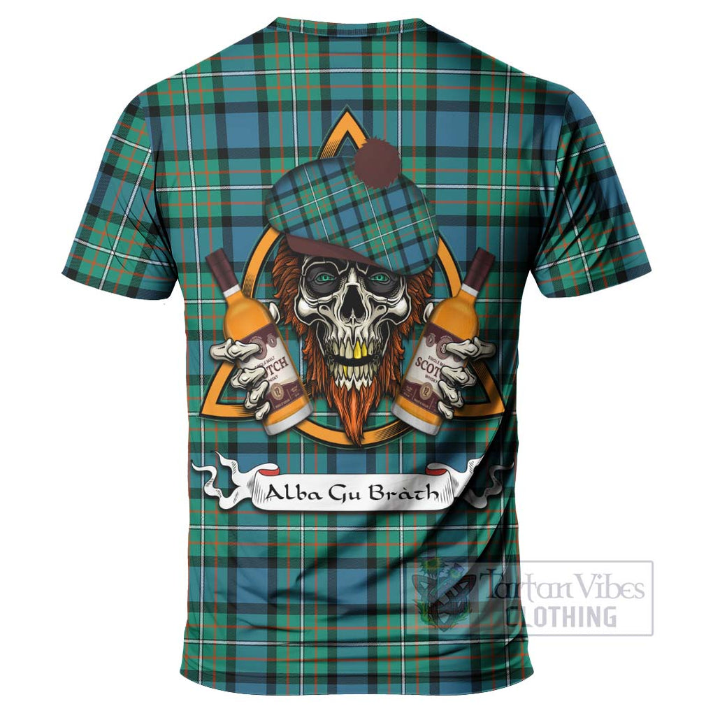 Tartan Vibes Clothing Ferguson (Fergusson) Tartan T-Shirt with Family Crest and Bearded Skull Holding Bottles of Whiskey