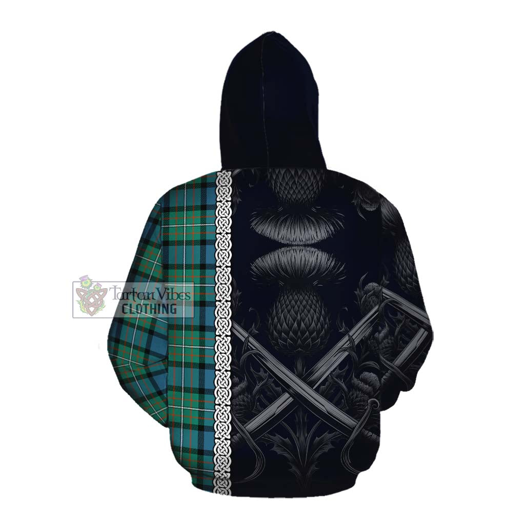 Tartan Vibes Clothing Ferguson (Fergusson) Tartan Cotton Hoodie with Family Crest Cross Sword Thistle Celtic Vibes