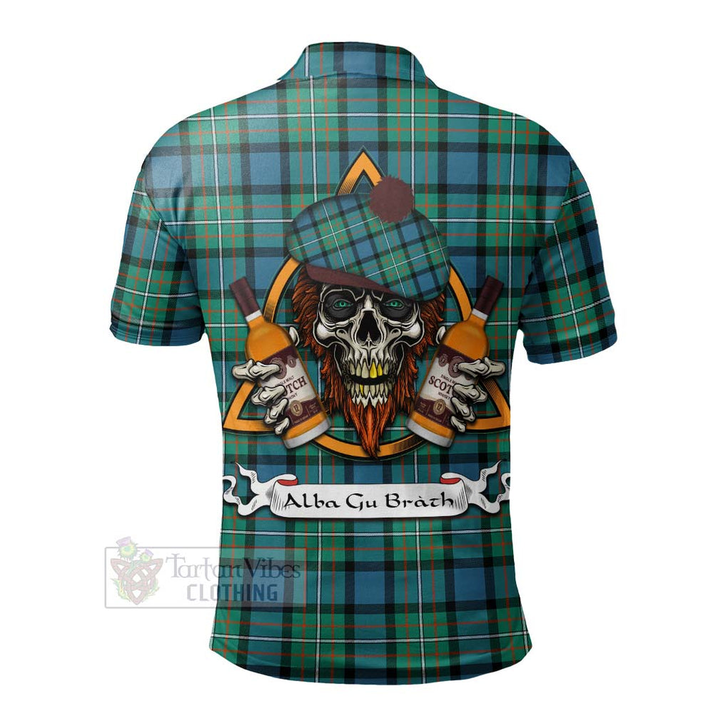Tartan Vibes Clothing Ferguson (Fergusson) Tartan Polo Shirt with Family Crest and Bearded Skull Holding Bottles of Whiskey