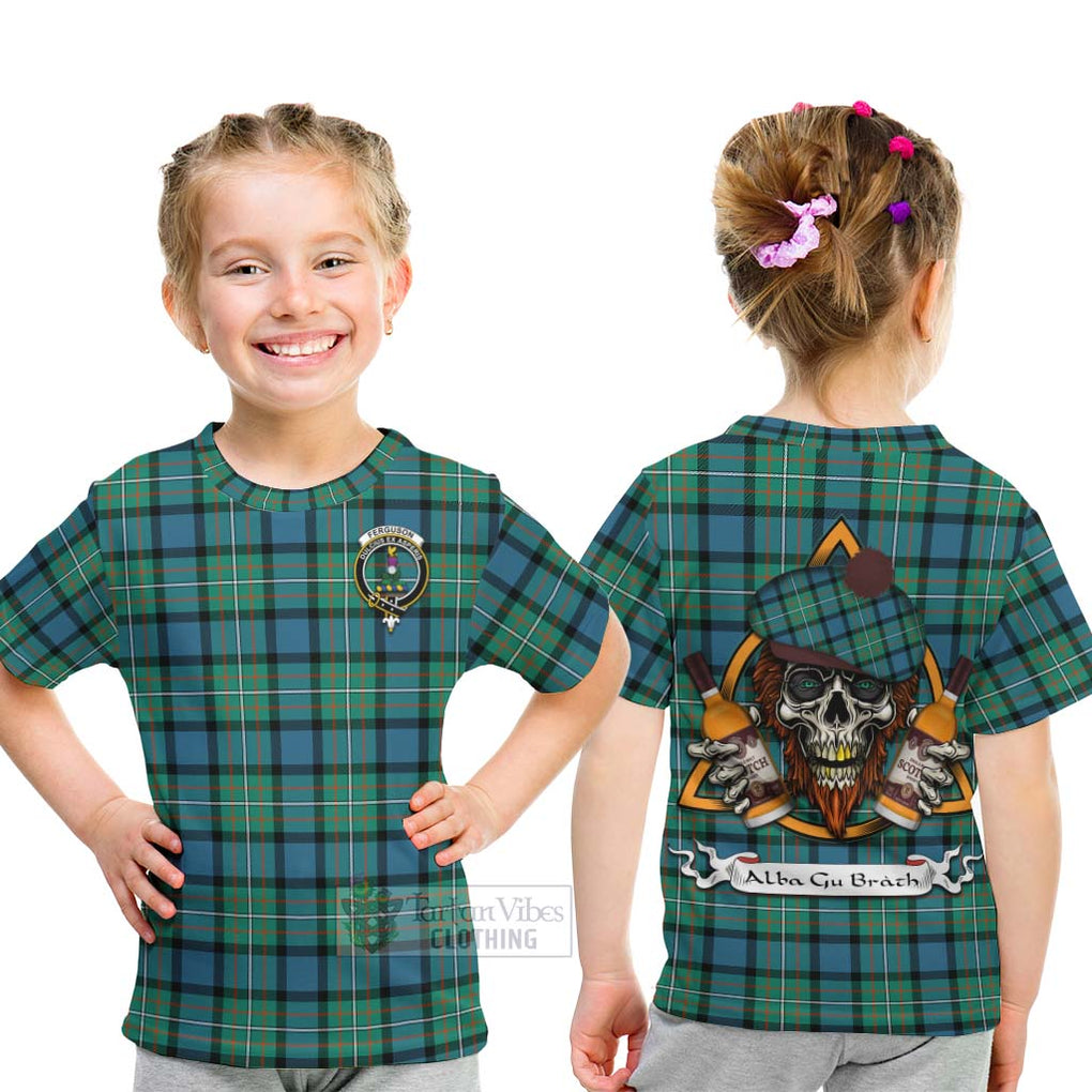 Tartan Vibes Clothing Ferguson (Fergusson) Tartan Kid T-Shirt with Family Crest and Bearded Skull Holding Bottles of Whiskey