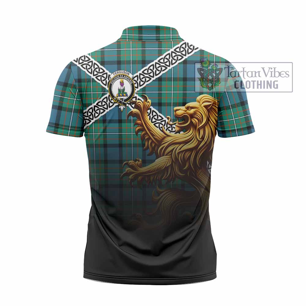 Tartan Vibes Clothing Ferguson (Fergusson) Crest Tartan Zipper Polo Shirt with Golden Lion Emblem Celtic Style