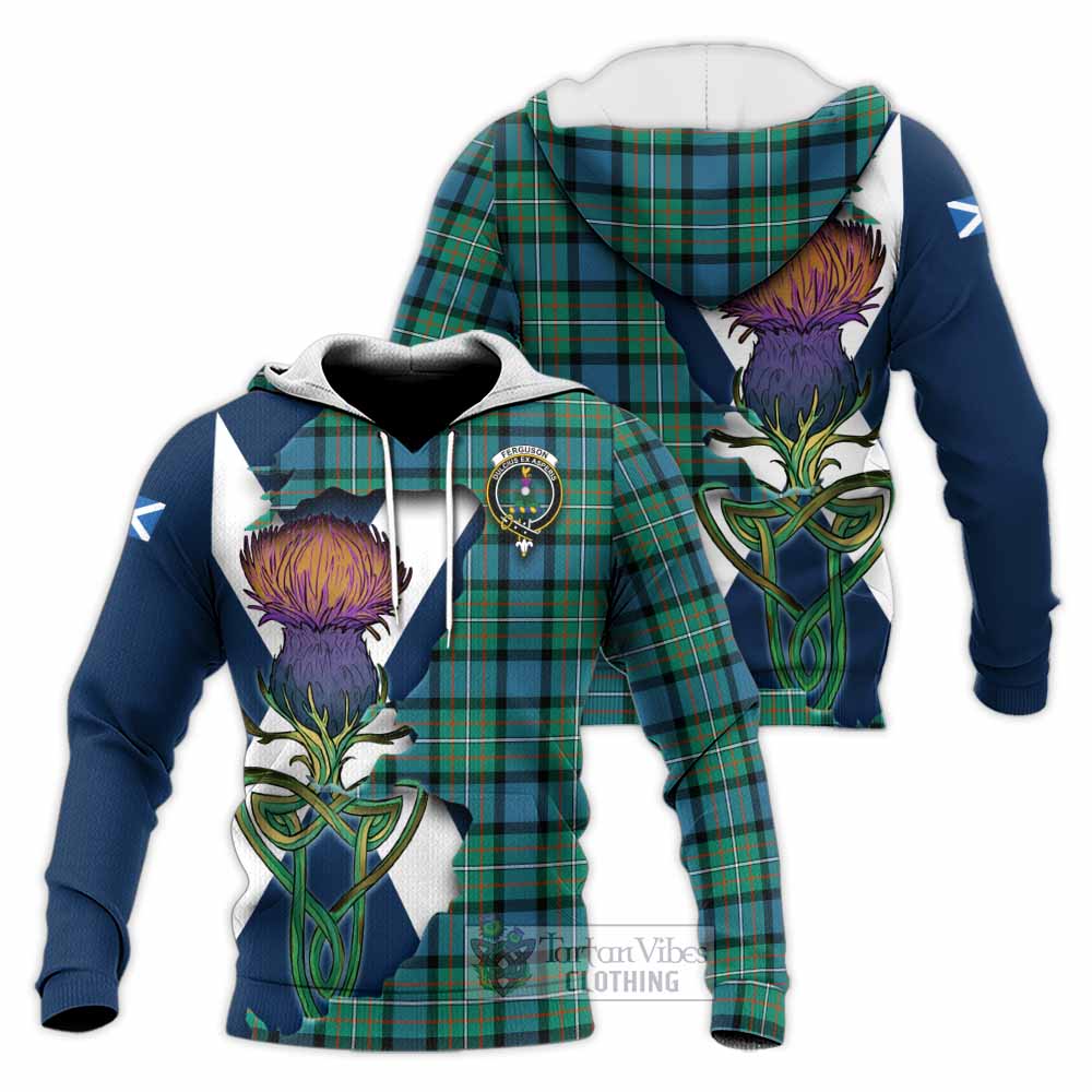Tartan Vibes Clothing Ferguson (Fergusson) Tartan Family Crest Knitted Hoodie Scottish Thistle Celtic Inspired
