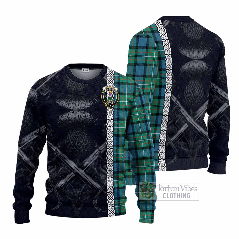 Tartan Vibes Clothing Ferguson (Fergusson) Tartan Knitted Sweater with Family Crest Cross Sword Thistle Celtic Vibes