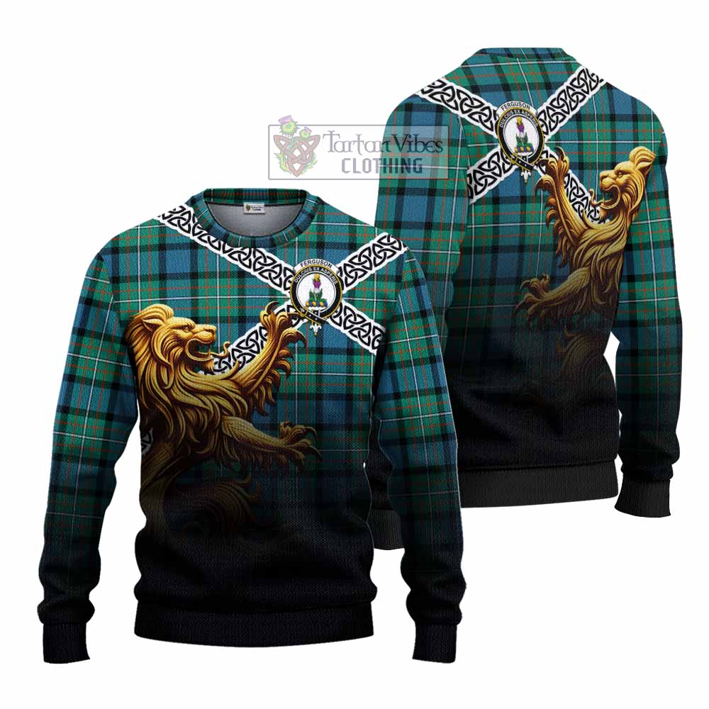 Tartan Vibes Clothing Ferguson (Fergusson) Crest Tartan Knitted Sweater with Golden Lion Emblem Celtic Style