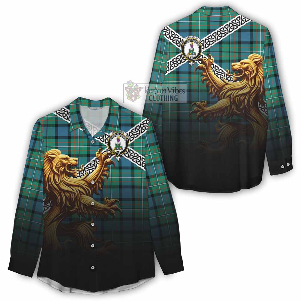 Tartan Vibes Clothing Ferguson (Fergusson) Crest Tartan Women's Casual Shirt with Golden Lion Emblem Celtic Style