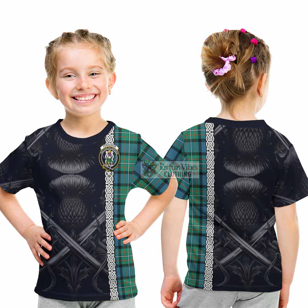 Tartan Vibes Clothing Ferguson (Fergusson) Tartan Kid T-Shirt with Family Crest Cross Sword Thistle Celtic Vibes