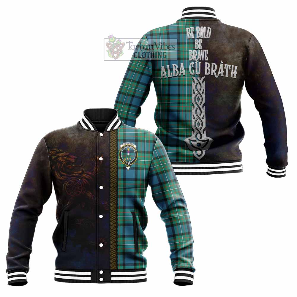 Tartan Vibes Clothing Ferguson (Fergusson) Tartan Family Crest Baseball Jacket Alba Gu Brath Be Brave Lion Ancient Style