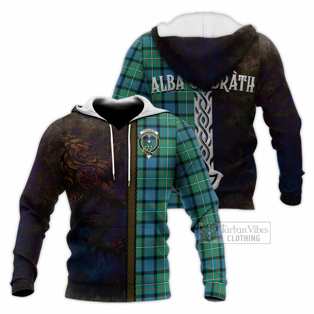 Tartan Vibes Clothing Ferguson (Fergusson) Tartan Family Crest Knitted Hoodie Alba Gu Brath Be Brave Lion Ancient Style