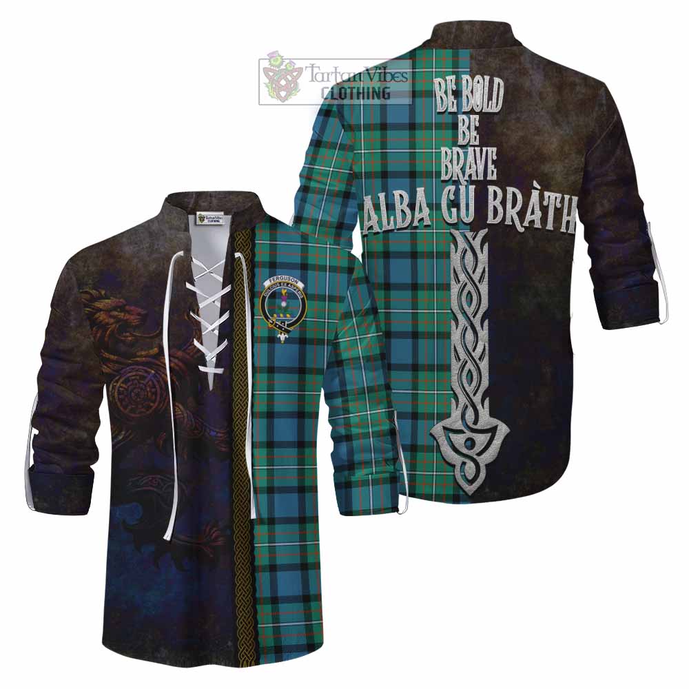 Tartan Vibes Clothing Ferguson (Fergusson) Tartan Family Crest Ghillie Kilt Shirt Alba Gu Brath Be Brave Lion Ancient Style